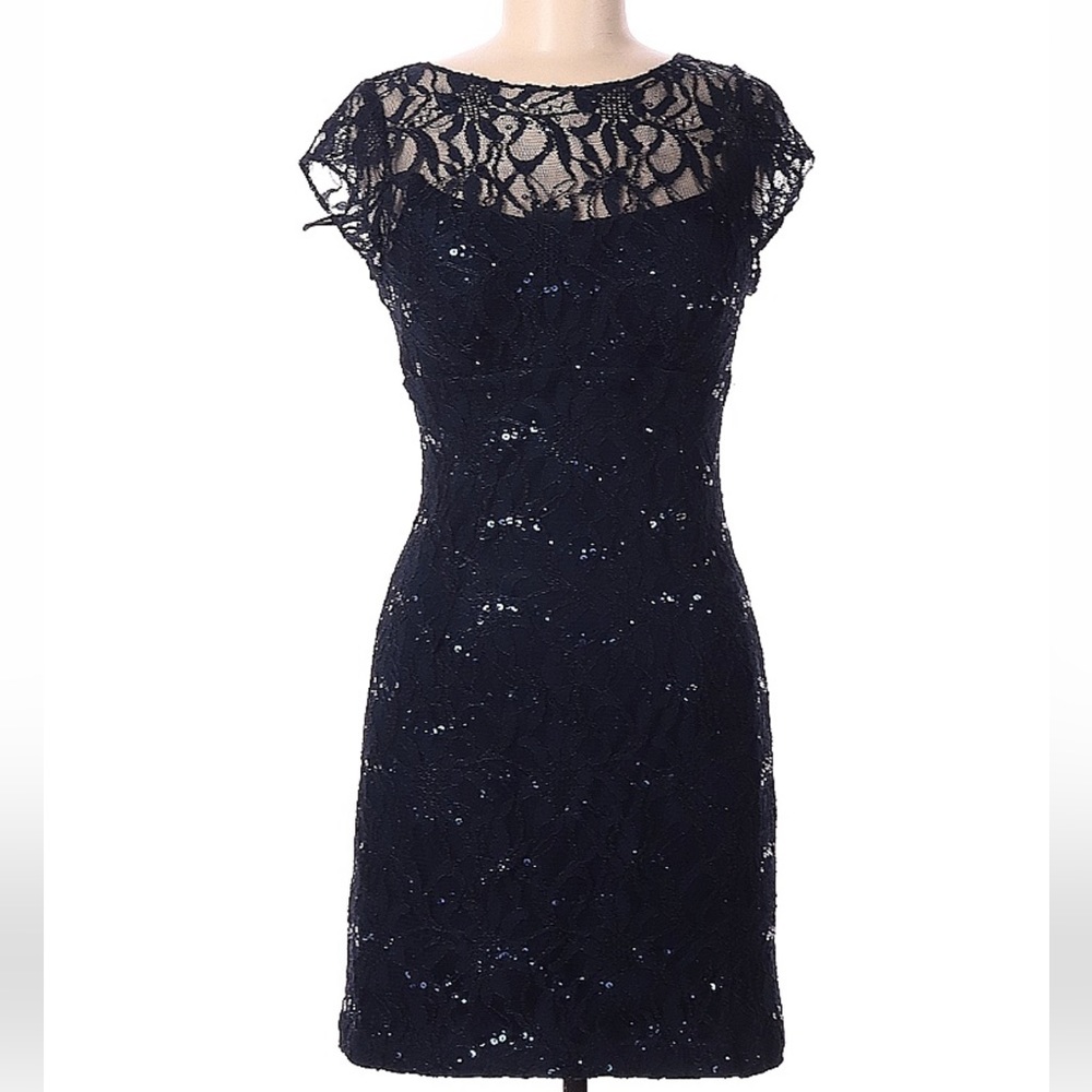 Adriana Papell Hailey Navy Blue Lace and Sequin Cocktail Dress